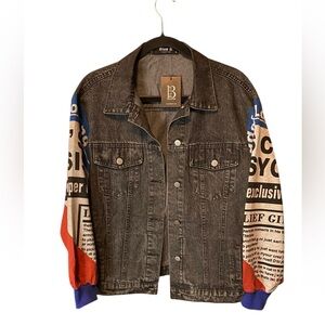 Blue B Graphic Sleeve Denim Jacket Medium NWT Patchwork Streetwear Festival